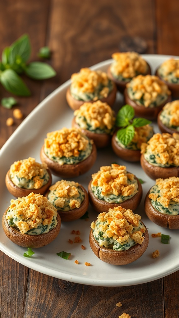 A platter of stuffed mushrooms filled with spinach and cheese, garnished with herbs.